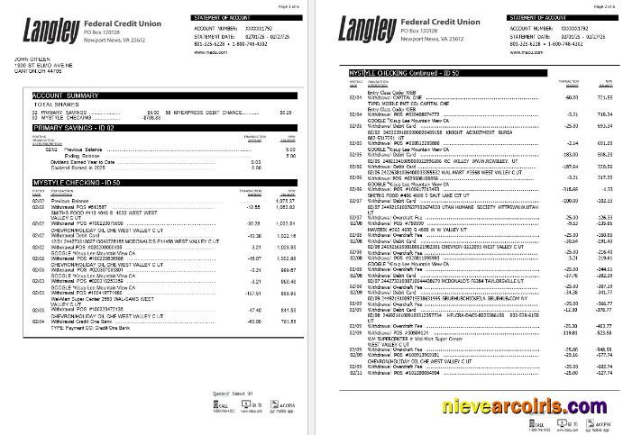 USA Langley Federal Credit Union bank statement, 6 pages